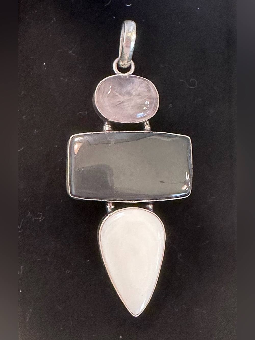 Black Obsidian, Rose Quartz, and Mother of Pearl Pendant, Sterling Silver